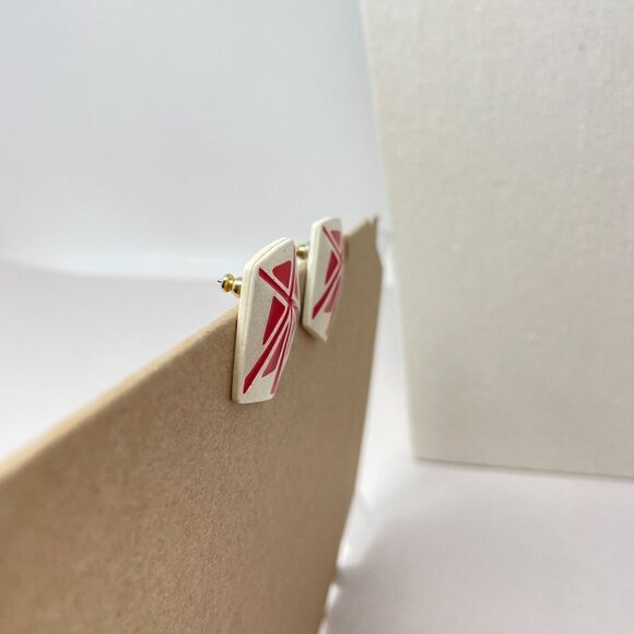 Vintage 80's Earrings‎ Graphic Bright Statement Red Geometric Asian Artsy - Picture 4 of 8